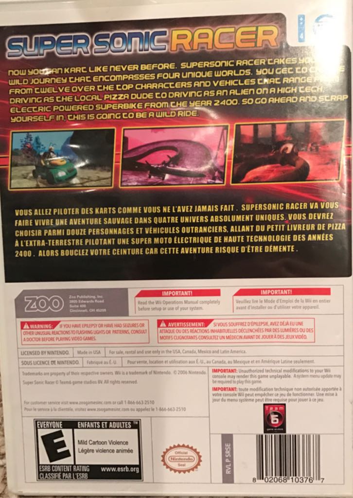 Super Sonic Racer - Nintendo Wii (Zoo) video game collectible [Barcode 802068103767] - Main Image 2