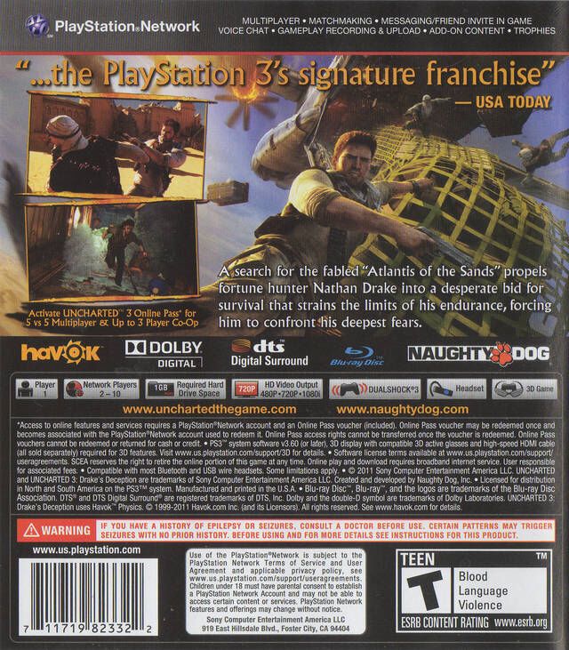 Uncharted 3: Drake’s Deception - Sony PlayStation 3 (PS3) (Sony Computer Enteraiment) video game collectible [Barcode 711719255871] - Main Image 2