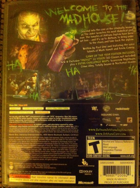 Batman: Arkham Asylum GOTY - Microsoft Xbox 360 video game collectible [Barcode 788627800929] - Main Image 2