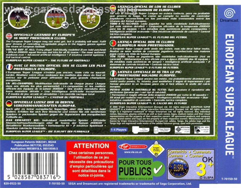 European Super League - Sega Dreamcast (Virgin Interactive - 1-4) video game collectible [Barcode 5028587083716] - Main Image 2