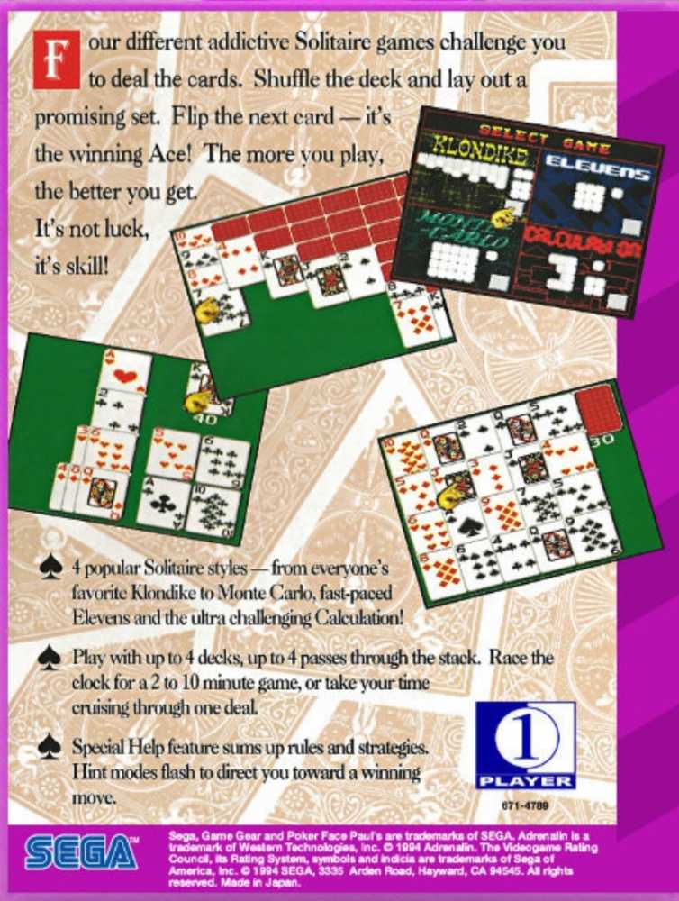 Poker Face Paul’s Solitaire - Sega Game Gear (Adrenaline Interactive - 1) video game collectible - Main Image 2