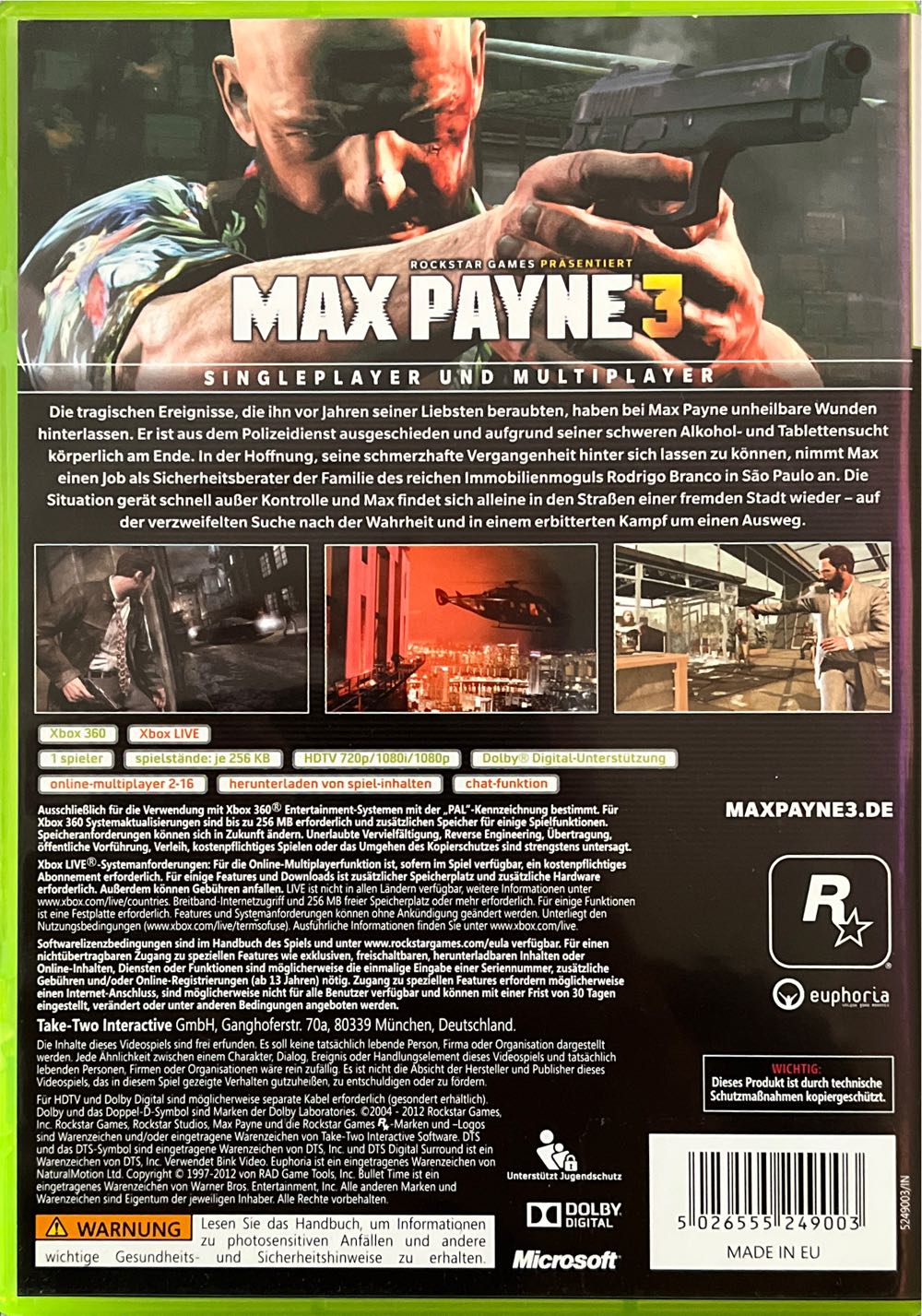 Max Payne 3 - Microsoft Xbox 360 (Rockstar Games - 1-16) video game collectible [Barcode 5026555249003] - Main Image 2
