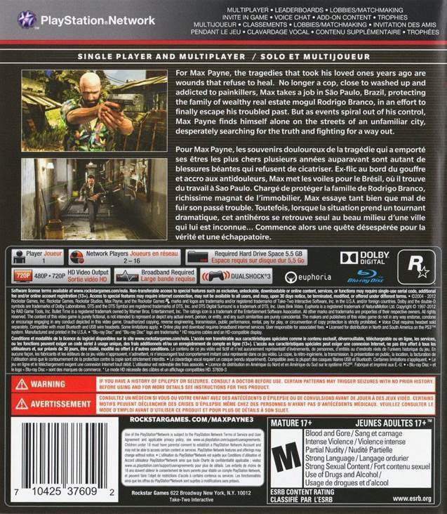 Max Payne 3 - Sony PlayStation 3 (PS3) (Rockstar Games - 1) video game collectible [Barcode 710425376092] - Main Image 2