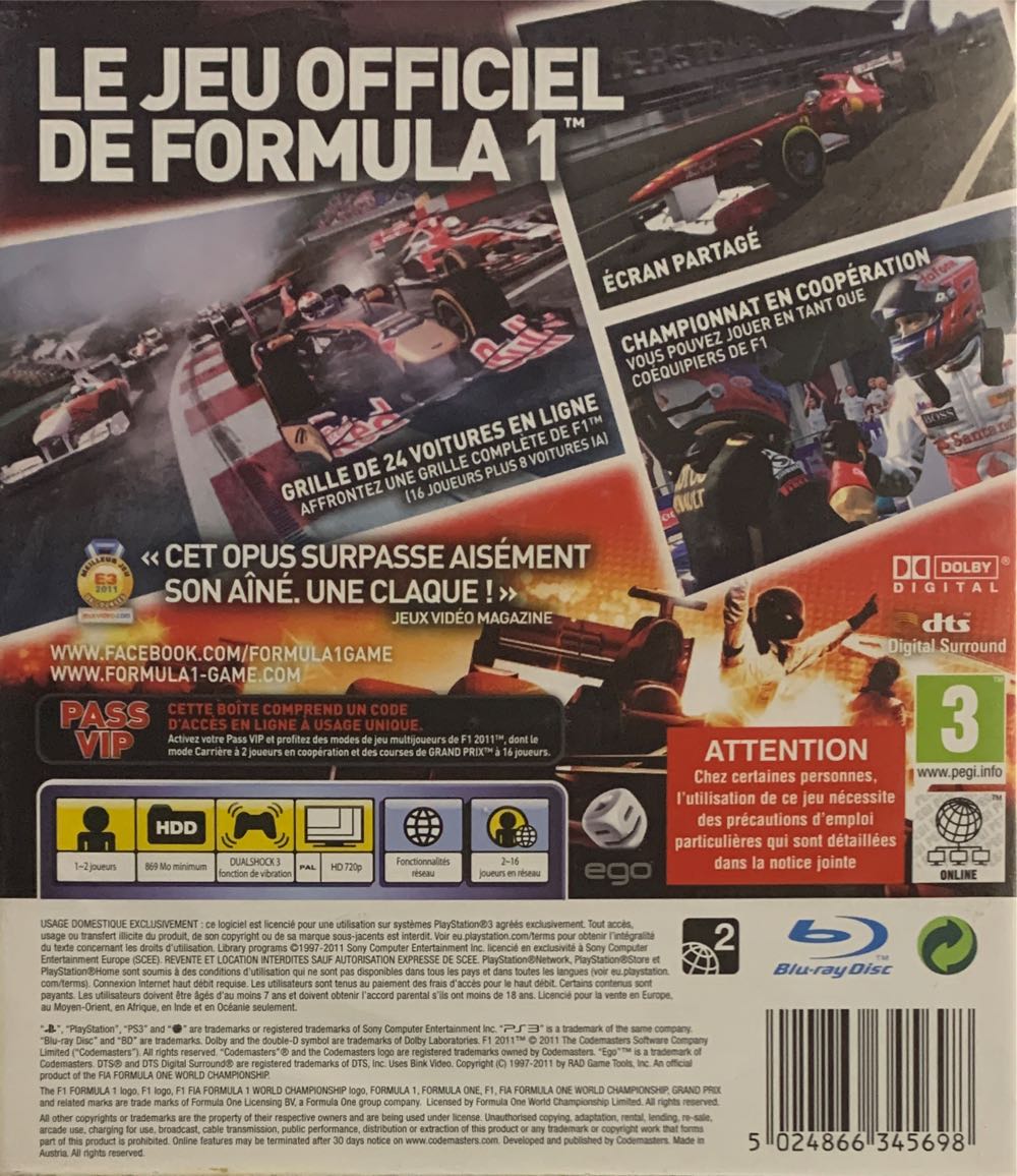 F1 2011 Formula 1 PS3 - Sony PlayStation 3 (PS3) (Codemasters - 1-2 / 2-16) video game collectible [Barcode 5024866345698] - Main Image 2