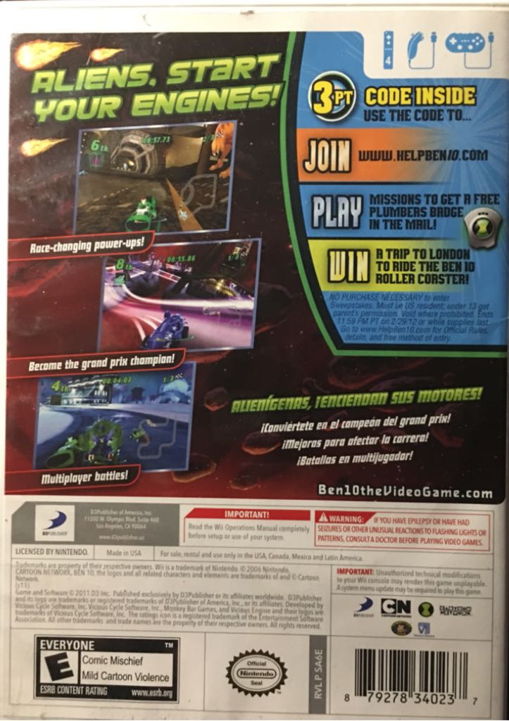 Ben 10: Galactic Racing - Nintendo Wii (D3 Publisher - 1-4) video game collectible [Barcode 879278340237] - Main Image 2
