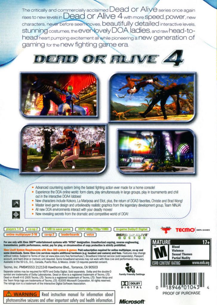 Dead Or Alive 4 - Microsoft Xbox 360 (Tecmo) video game collectible [Barcode 882224391740] - Main Image 2