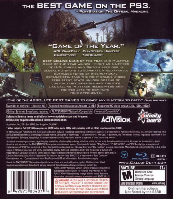 Call Of Duty 4: Modern Warfare - Sony PlayStation 3 (PS3) (Activision - 1-4, 2-18) video game collectible [Barcode 047875834057] - Main Image 2