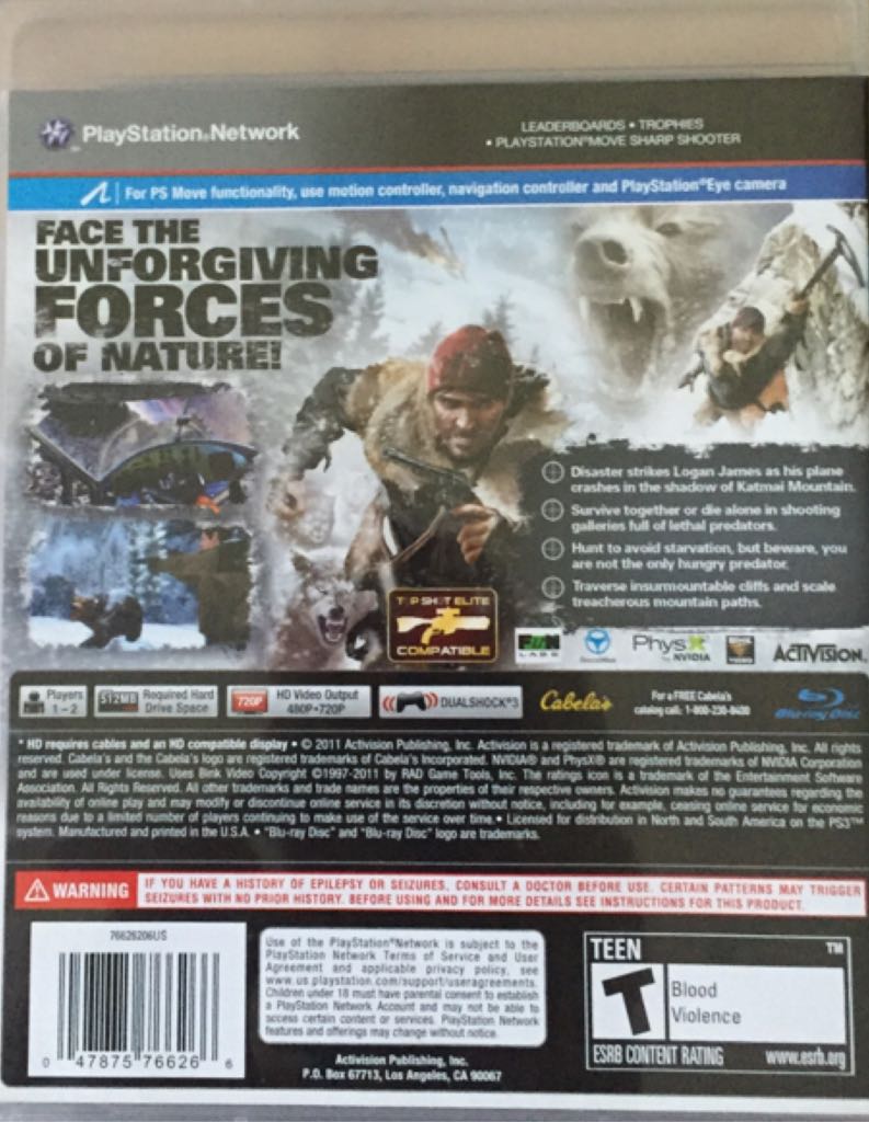 Cabela’s Survival: Shadows Of Katmai - Sony PlayStation 3 (PS3) (Actavision - 2) video game collectible [Barcode 047875766266] - Main Image 2
