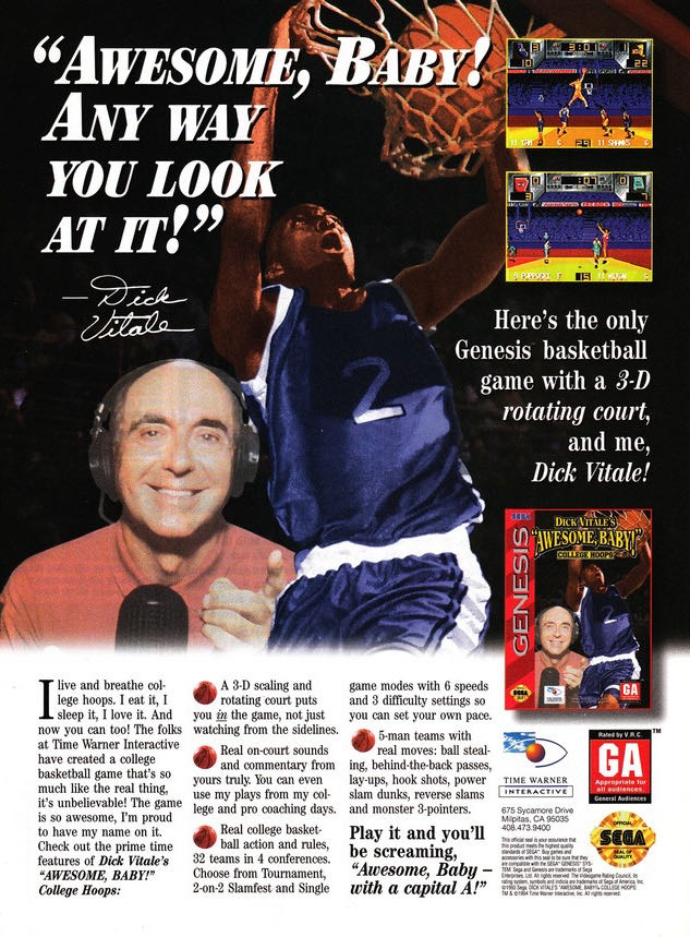 Dick Vitale’s ”Awesome, Baby!” College Hoops - Sega Genesis (Mega Drive) (Time Warner Interactive - 1-2) video game collectible [Barcode 031763083504] - Main Image 4