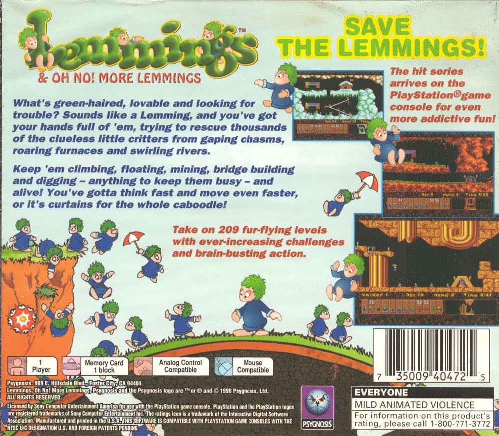 Lemmings & Oh No! More Lemmings - Sony PlayStation (Psygnosis - 1) video game collectible [Barcode 053203082298] - Main Image 2