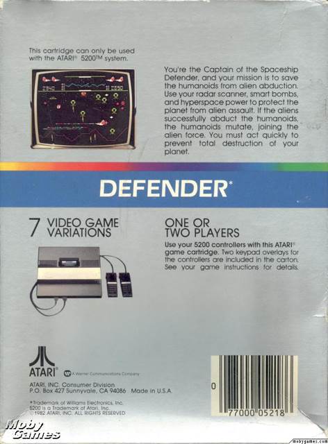 Defender - Atari 5200 (Atari - 1) video game collectible [Barcode 077000052186] - Main Image 2