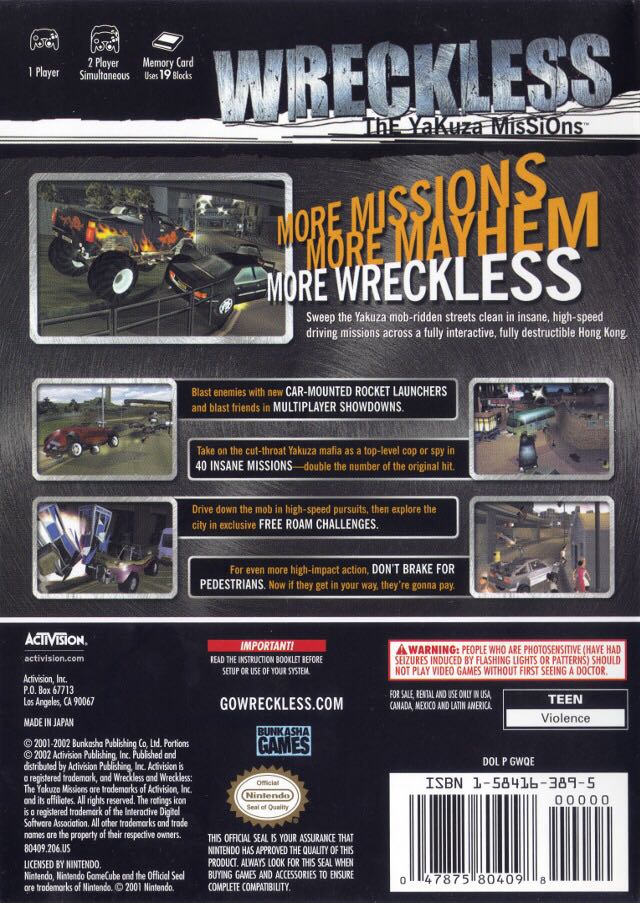 Wreckless: The Yakuza Missions - Microsoft Xbox (Activision - 1) video game collectible [Barcode 0047875803275] - Main Image 2
