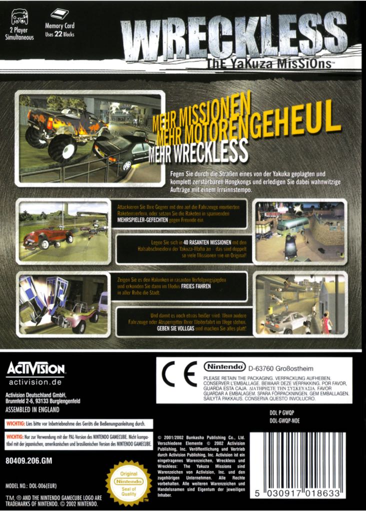 Wreckless: The Yakuza Missions - Sony PlayStation 2 (PS2) (Activision - 1) video game collectible [Barcode 5030917017599] - Main Image 2