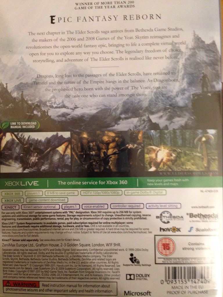 The Elder Scrolls V Skyrim (Silver Classics) - Microsoft Xbox 360 (Bethesda Software - 1) video game collectible [Barcode 093155147409] - Main Image 2