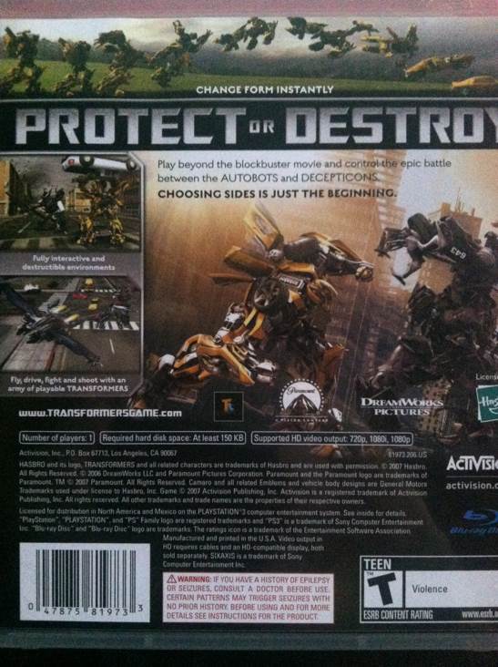 Transformers: The Game - Sony PlayStation 3 (PS3) (Activision - 1) video game collectible [Barcode 047875819733] - Main Image 2