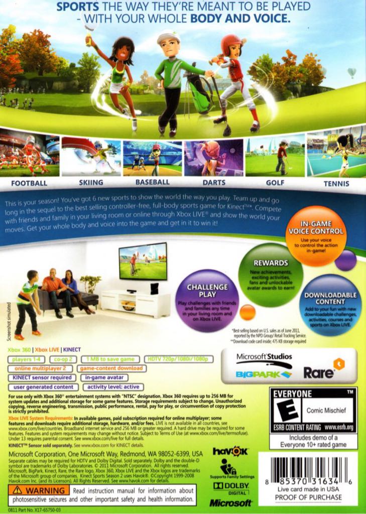 Kinect Sports: Season Two - Microsoft Xbox 360 (Microsoft Game Studios - 2) video game collectible [Barcode 885370316346] - Main Image 2