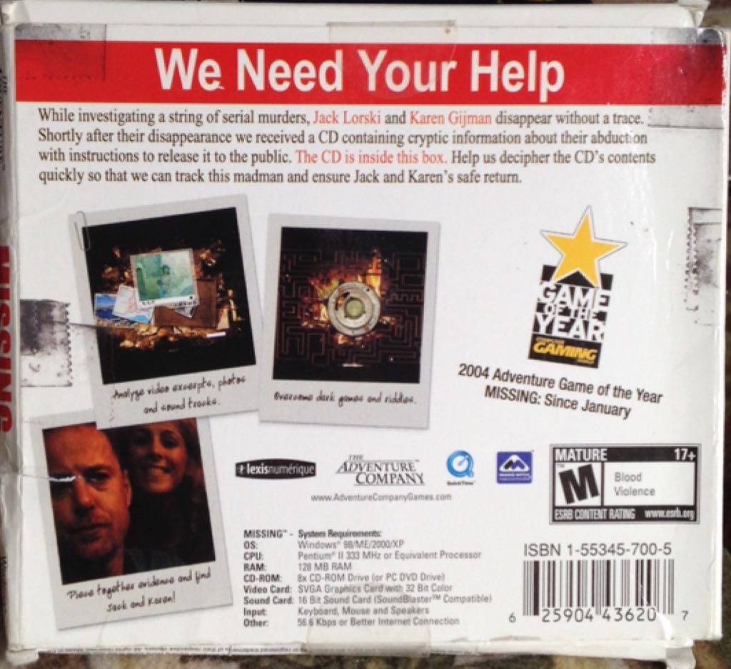 Missing - PC (The Adventure Company) video game collectible [Barcode 625904459503] - Main Image 2