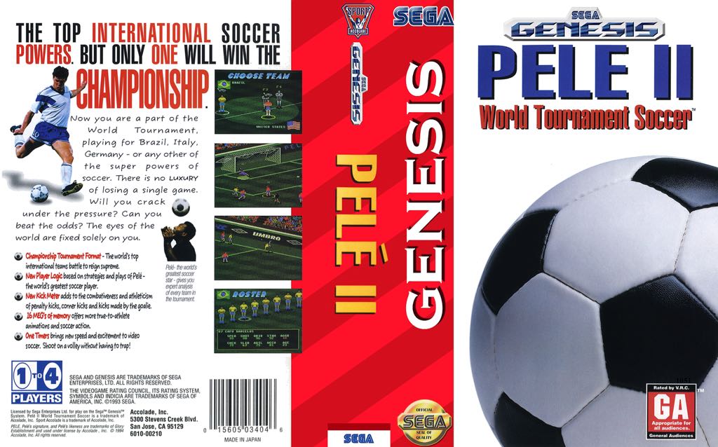 Pele II: World Tournament Soccer - Sega Genesis (Mega Drive) (Sega - 4) video game collectible [Barcode 015605034046] - Main Image 2