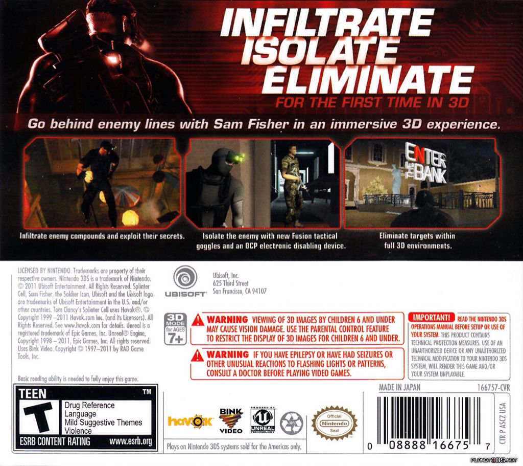 Tom Clancy’s Splinter Cell 3D - Nintendo 3DS (Nintendo - 1) video game collectible [Barcode 008222166757] - Main Image 2