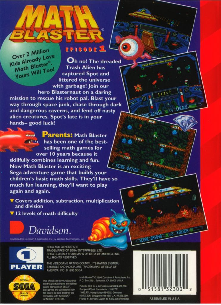 Math Blaster: Episode I - Sega Genesis (Mega Drive) (Davidson Software - 1) video game collectible [Barcode 051581323002] - Main Image 2