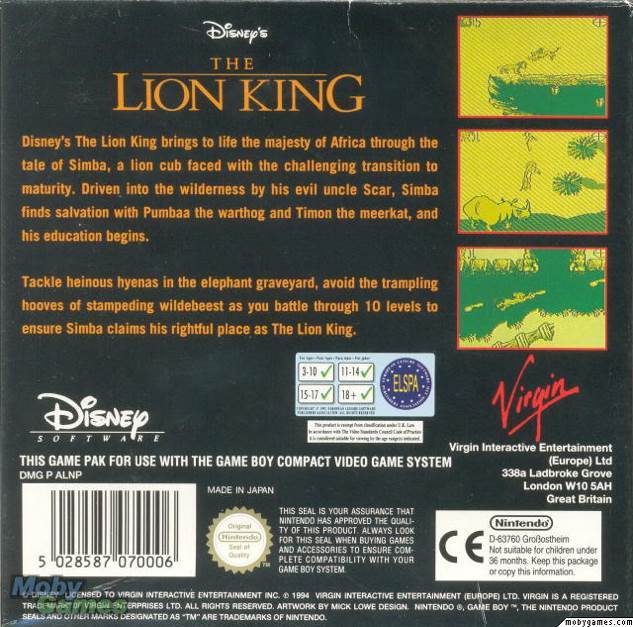 Lion King, The - Nintendo Game Boy Advance (GBA) (THQ - 1) video game collectible [Barcode 4005209049870] - Main Image 2