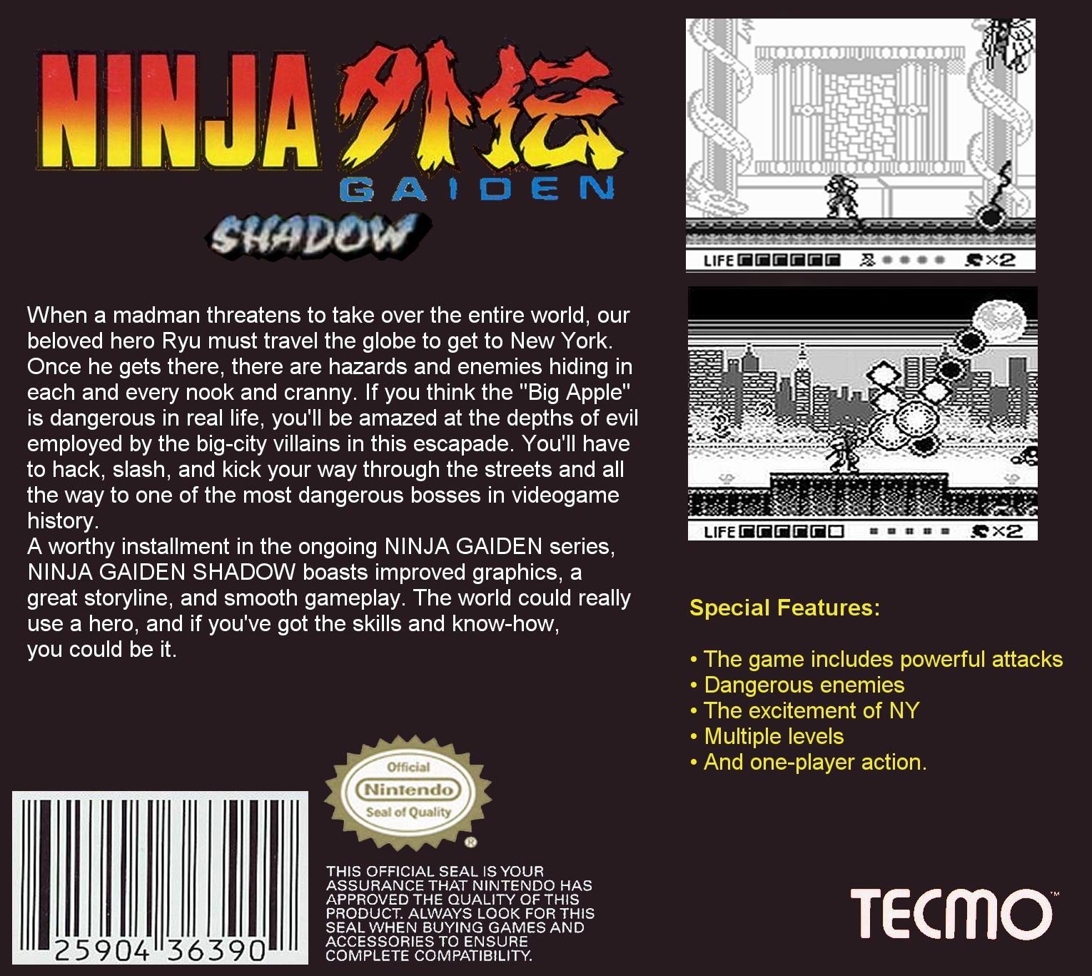 Ninja Gaiden: Shadow - Nintendo Game Boy (Tecmo ltd 1991) video game collectible - Main Image 2