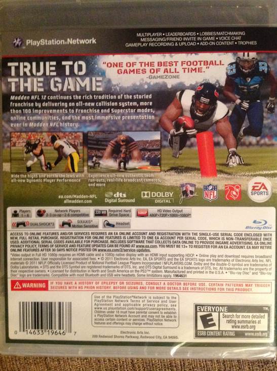 Madden NFL 12 PS3 EA Sports - Sony PlayStation 3 (PS3) (Electronic Arts - 1-6) video game collectible [Barcode 014633196467] - Main Image 2