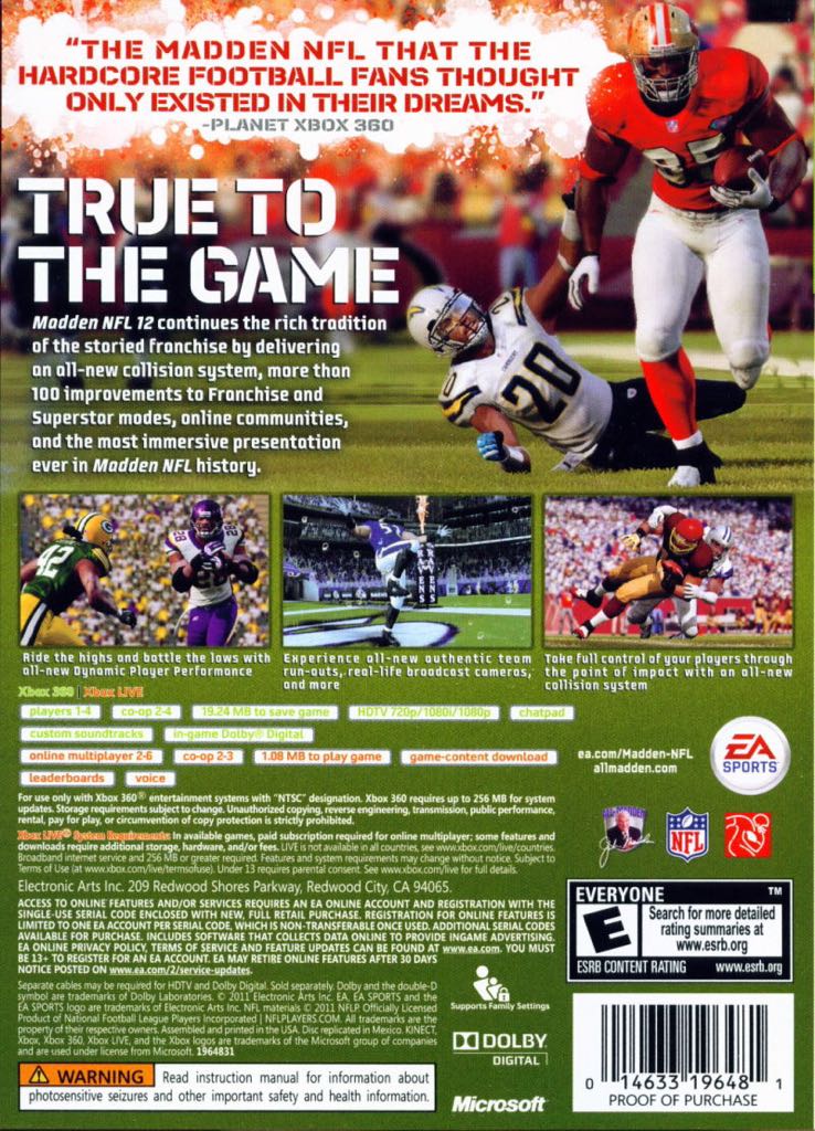 Madden NFL 12 - Microsoft Xbox 360 (EA/Electronic Arts - 1-4) video game collectible [Barcode 5030930102821] - Main Image 2