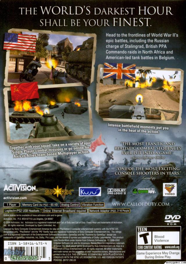Call Of Duty: Finest Hour - Sony PlayStation 2 (PS2) (Activision - 1) video game collectible [Barcode 5030917030901] - Main Image 2
