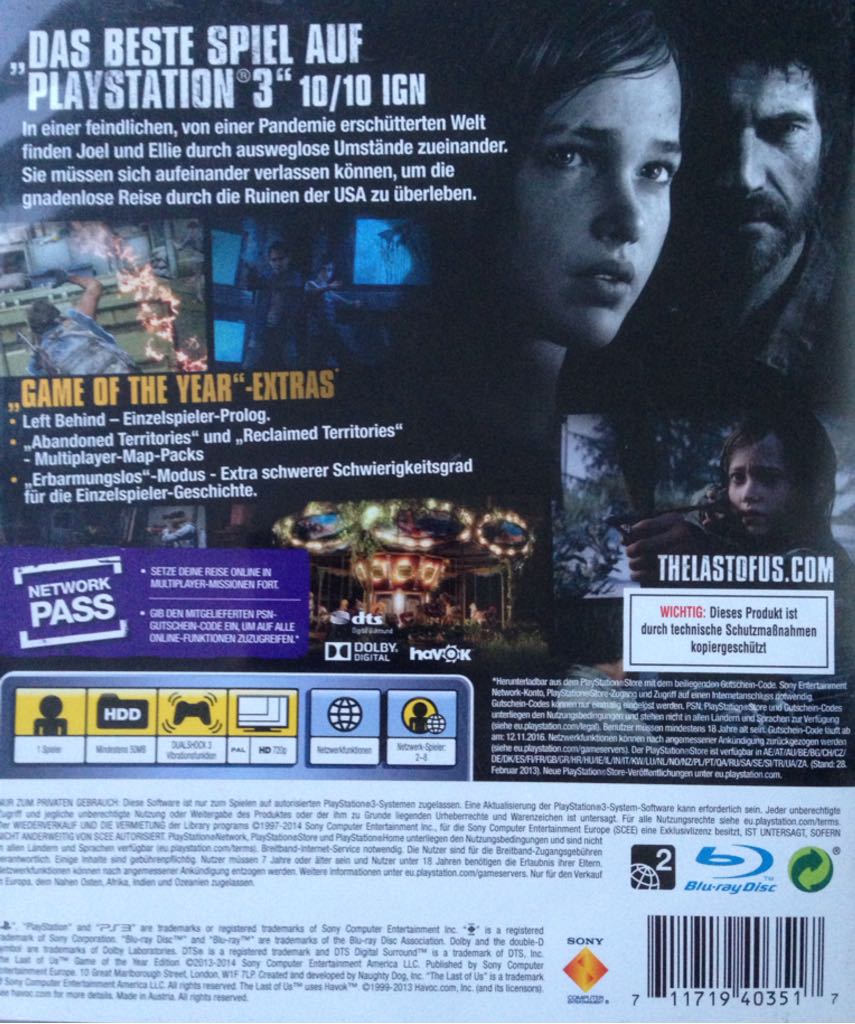 (*2013) Last of Us - Sony PlayStation 3 (PS3) video game collectible [Barcode 711719403517] - Main Image 2
