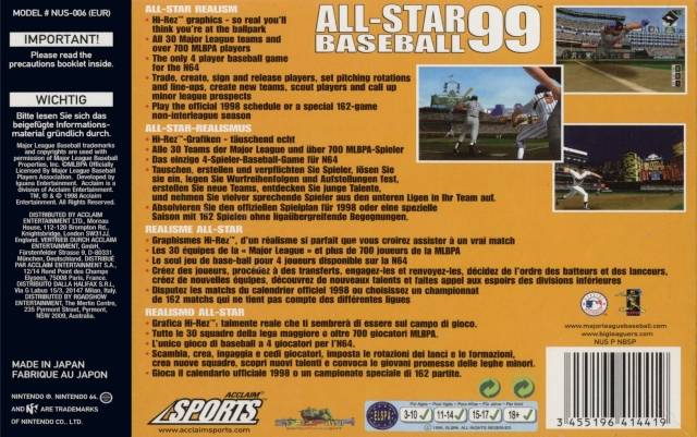 All-Star Baseball 99 - Nintendo 64 (N64) (Acclaim Entertainment - 1-4) video game collectible [Barcode 3455196414419] - Main Image 2