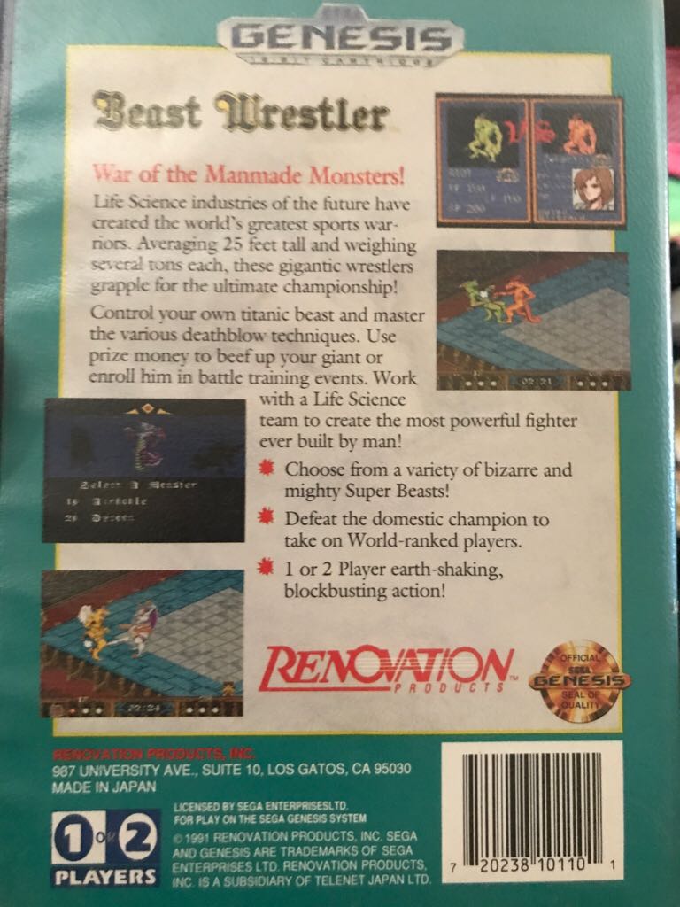 Beast Wrestler - Sega Genesis (Mega Drive) (Renovation - 2) video game collectible [Barcode 720238101101] - Main Image 2