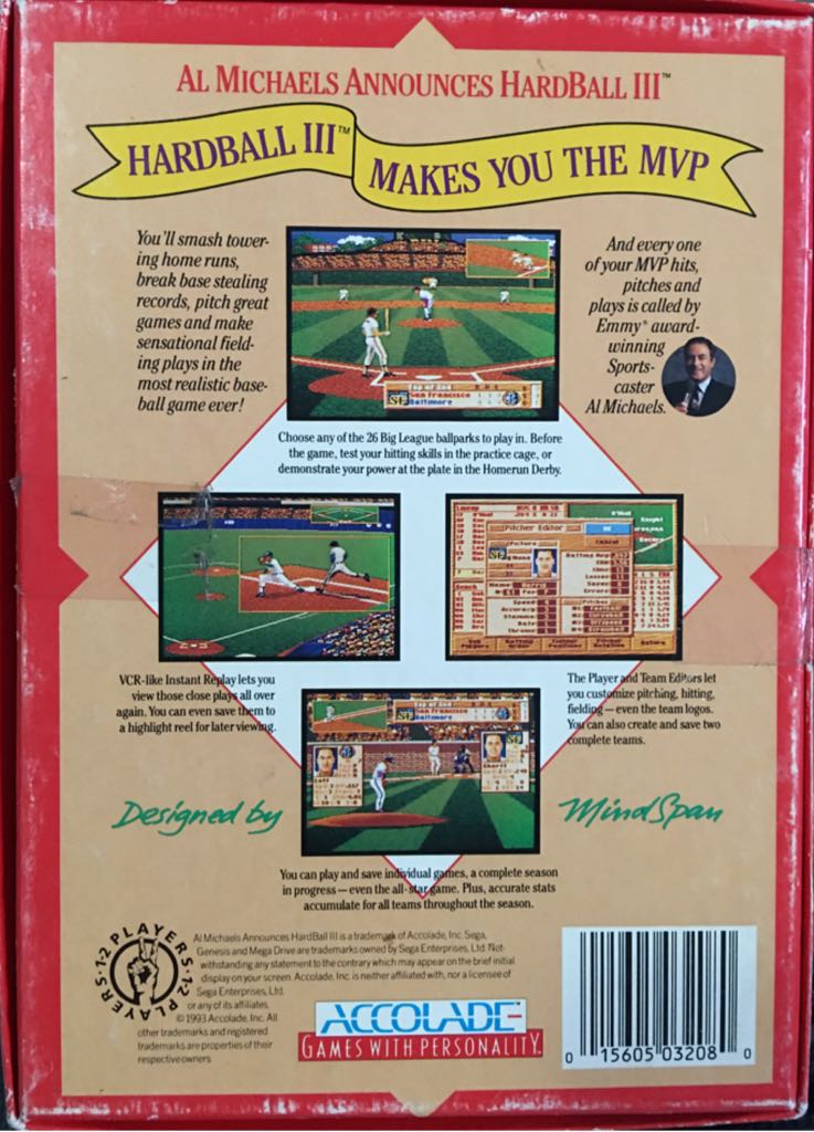 HardBall III - Sega Genesis (Mega Drive) (Accolade - 1-2) video game collectible [Barcode 015605032080] - Main Image 2