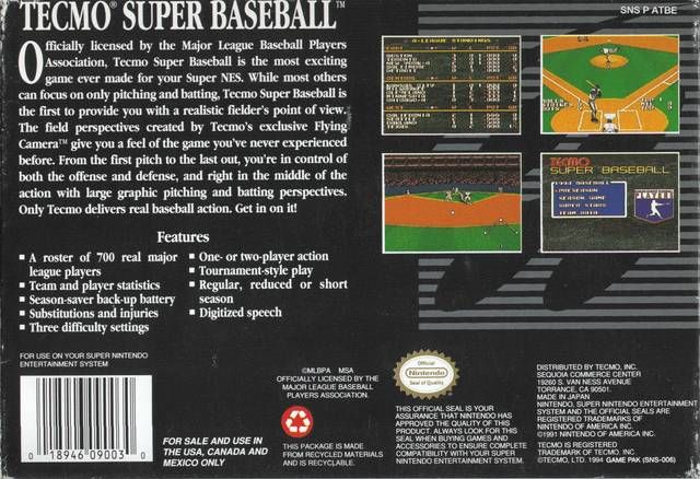 Tecmo Super Baseball - Nintendo Super Nintendo Entertainment System (SNES) video game collectible - Main Image 2