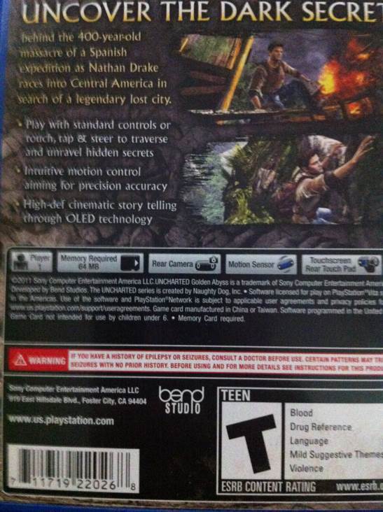 Uncharted: Golden Abyss - Sony PlayStation Vita (PS Vita) (Sony Computer Entertainment - 1) video game collectible [Barcode 711719220268] - Main Image 2