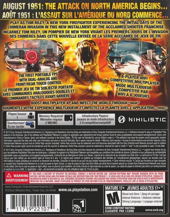 Resistance: Burning Skies - Sony PlayStation Vita (PS Vita) (Sony Computer Entertainment - 1) video game collectible [Barcode 711719221074] - Main Image 2
