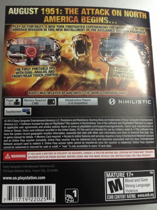 Resistance: Burning Skies - Sony PlayStation Vita (PS Vita) (Sony Computer Entertainment - 8) video game collectible [Barcode 711719236733] - Main Image 2