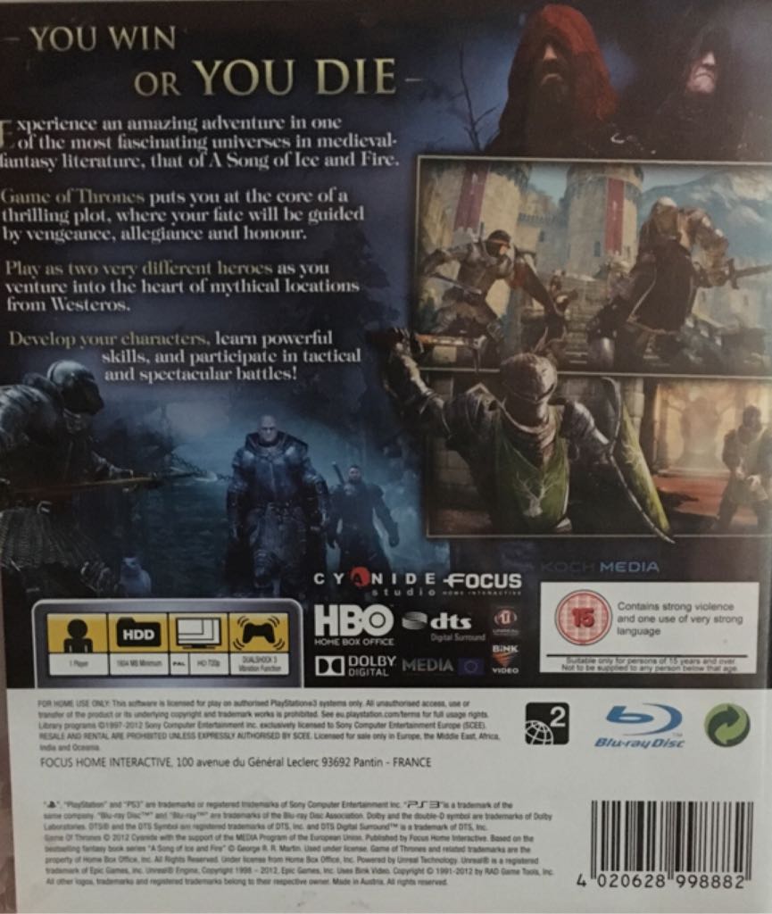 Game of Thrones - Sony PlayStation 3 (PS3) (Focus Home Entertainment - 1) video game collectible [Barcode 4020628998882] - Main Image 2
