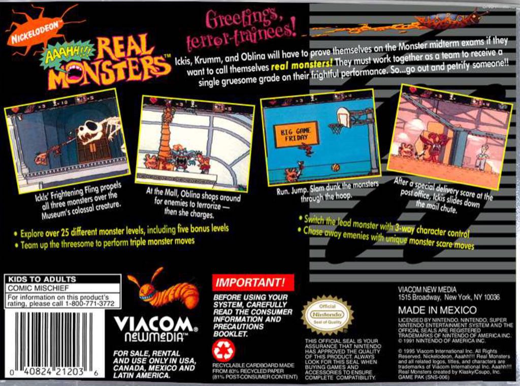 Nickelodeon Aaahh!!! Real Monsters - Nintendo Super Nintendo Entertainment System (SNES) video game collectible - Main Image 2
