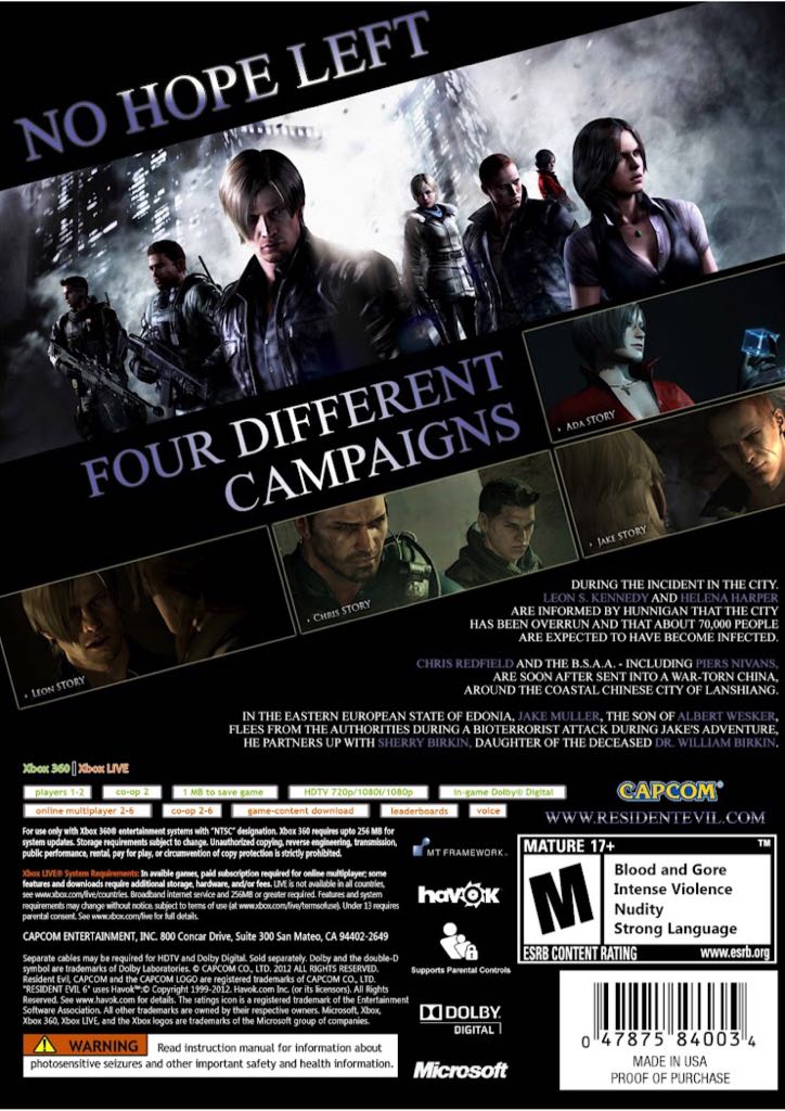 Resident Evil 6 - Microsoft Xbox One (Capcom Co., Ltd. - Single • Local • Online Co-op 2• Online 1-6) video game collectible [Barcode 013388918041] - Main Image 2