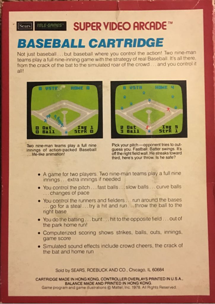 Super Video Arcade Baseball - Intellivision (Sears Tele-Games) video game collectible - Main Image 2