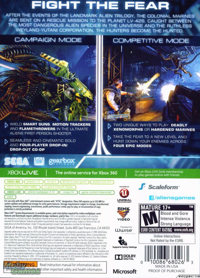 Aliens: Colonial Marines - Microsoft Xbox 360 (Sega - 1) video game collectible [Barcode 05580354] - Main Image 2