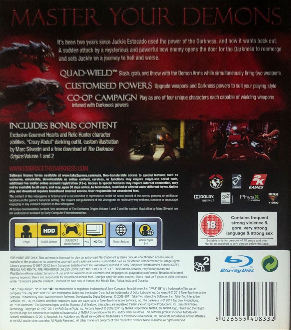 The Darkness 2 - Sony PlayStation 3 (PS3) (2K Boston/2K - 1) video game collectible [Barcode 5026555408332] - Main Image 2