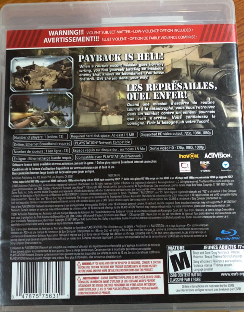 Soldier of Fortune: Payback - Sony PlayStation 3 (PS3) (Activision) video game collectible [Barcode 047875756311] - Main Image 2