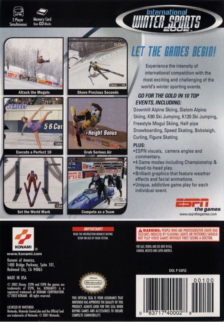 ESPN International Winter Sports 2002 - Sony PlayStation 2 (PS2) (Konami - 4) video game collectible [Barcode 083717200291] - Main Image 2
