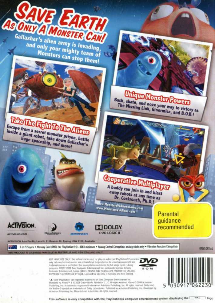Monsters vs. Aliens - Sony PlayStation 2 (PS2) (Activision) video game collectible [Barcode 5030917064890] - Main Image 2