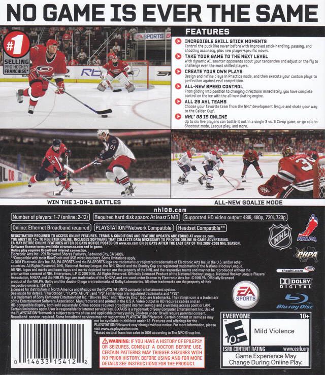 NHL 08 - Sony PlayStation 3 (PS3) (Electronic Arts - 1) video game collectible [Barcode 014633154122] - Main Image 2