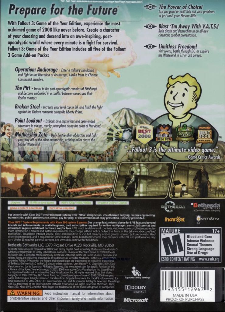 Fallout 3: Game Of The Year Edition - Microsoft Xbox 360 (Bethesda Softworks - 1) video game collectible [Barcode 093155126787] - Main Image 2