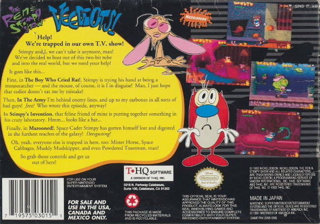 The Ren & Stimpy Show: Veediots! - Nintendo Super Nintendo Entertainment System (SNES) (T HQ Software - 1) video game collectible - Main Image 2