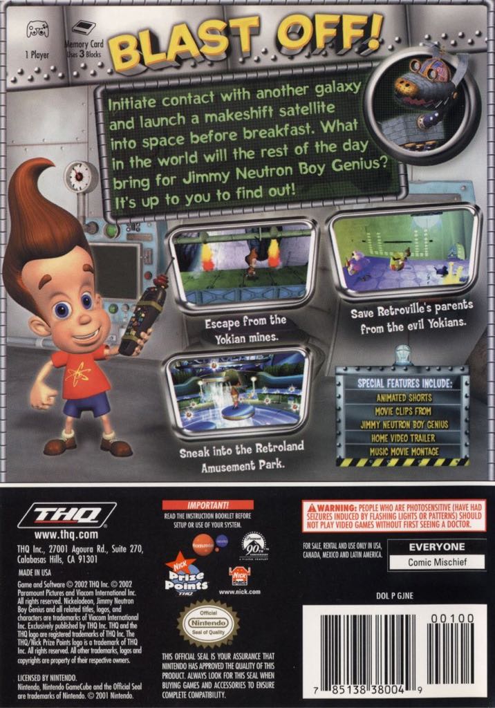 Jimmy Neutron: Boy Genius - Nintendo GameCube (THQ - 1) video game collectible [Barcode 785138380049] - Main Image 2